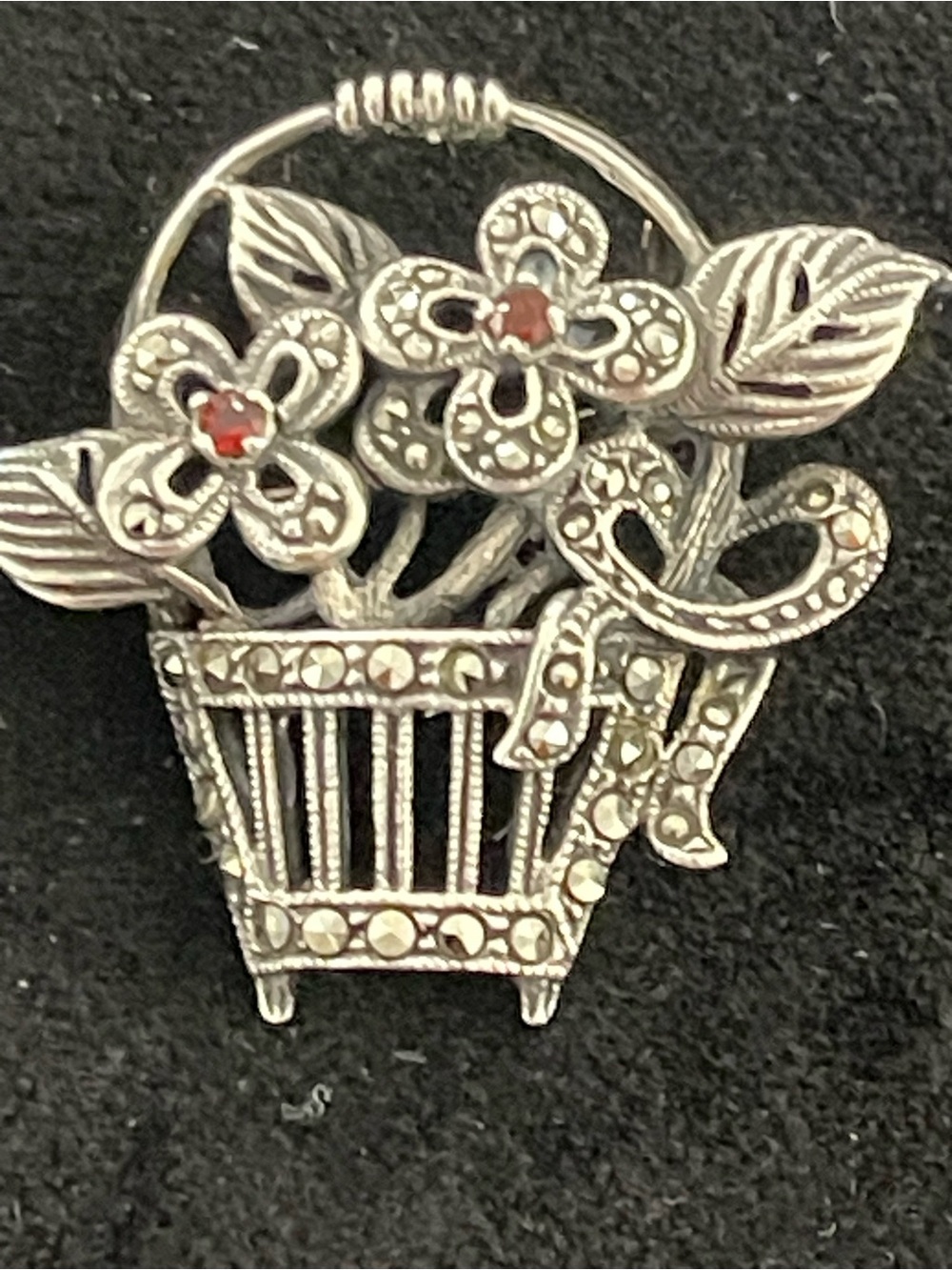 Vintage Sterling Silver stamped 925 Floral Basket Brooch with Red and Accents